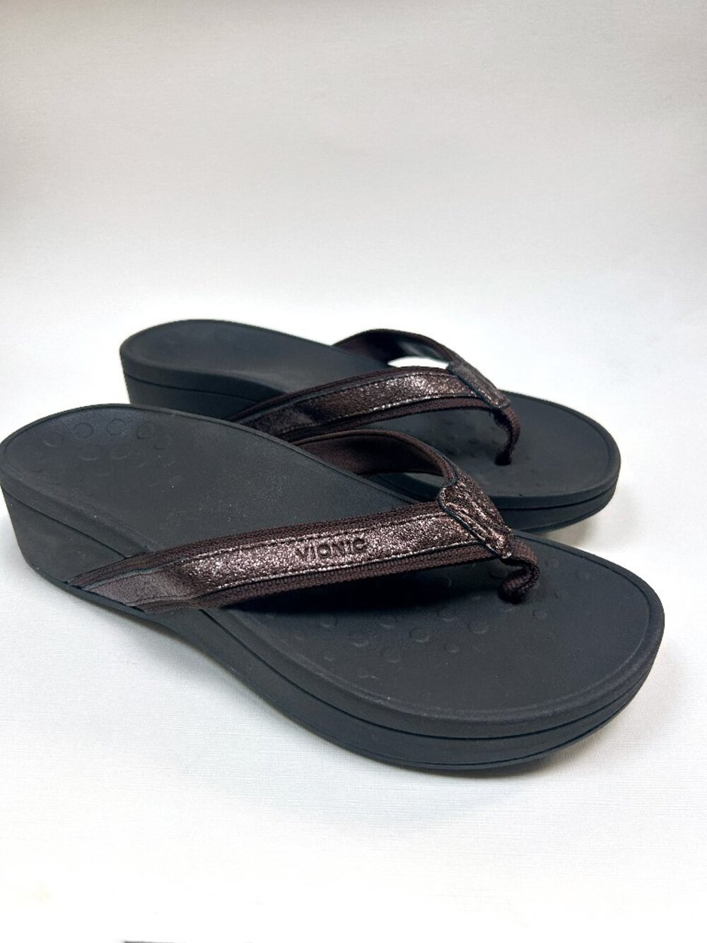 Vionic High Tide Platform Wedge Sandals Brown Metallic Arch Support Size 8